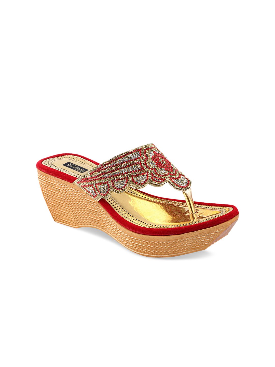 Shoetopia Women Red & Gold-Toned Solid Sandals Price in India