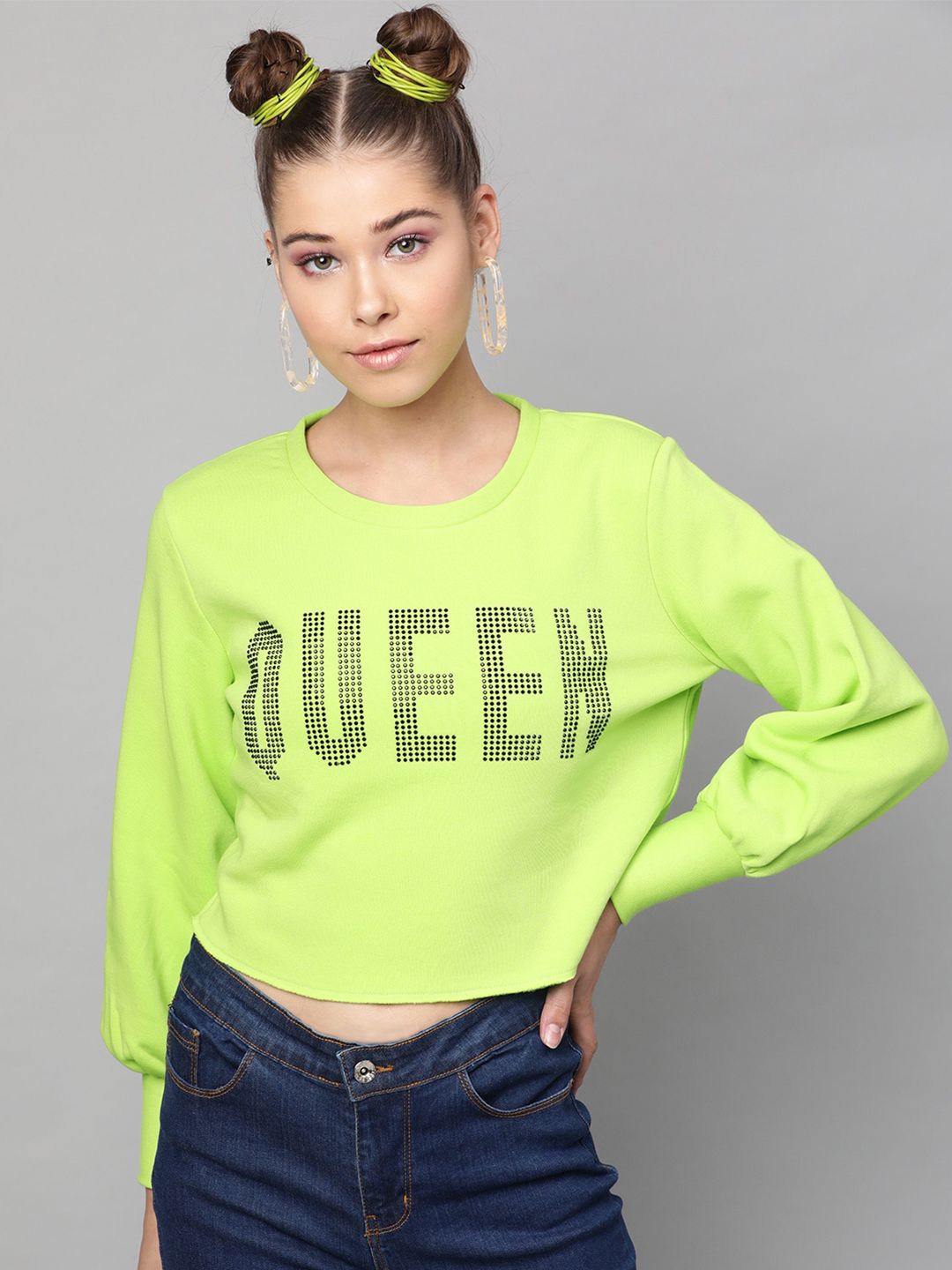STREET 9 Women Fluorescent Green Printed Sweatshirt Price in India