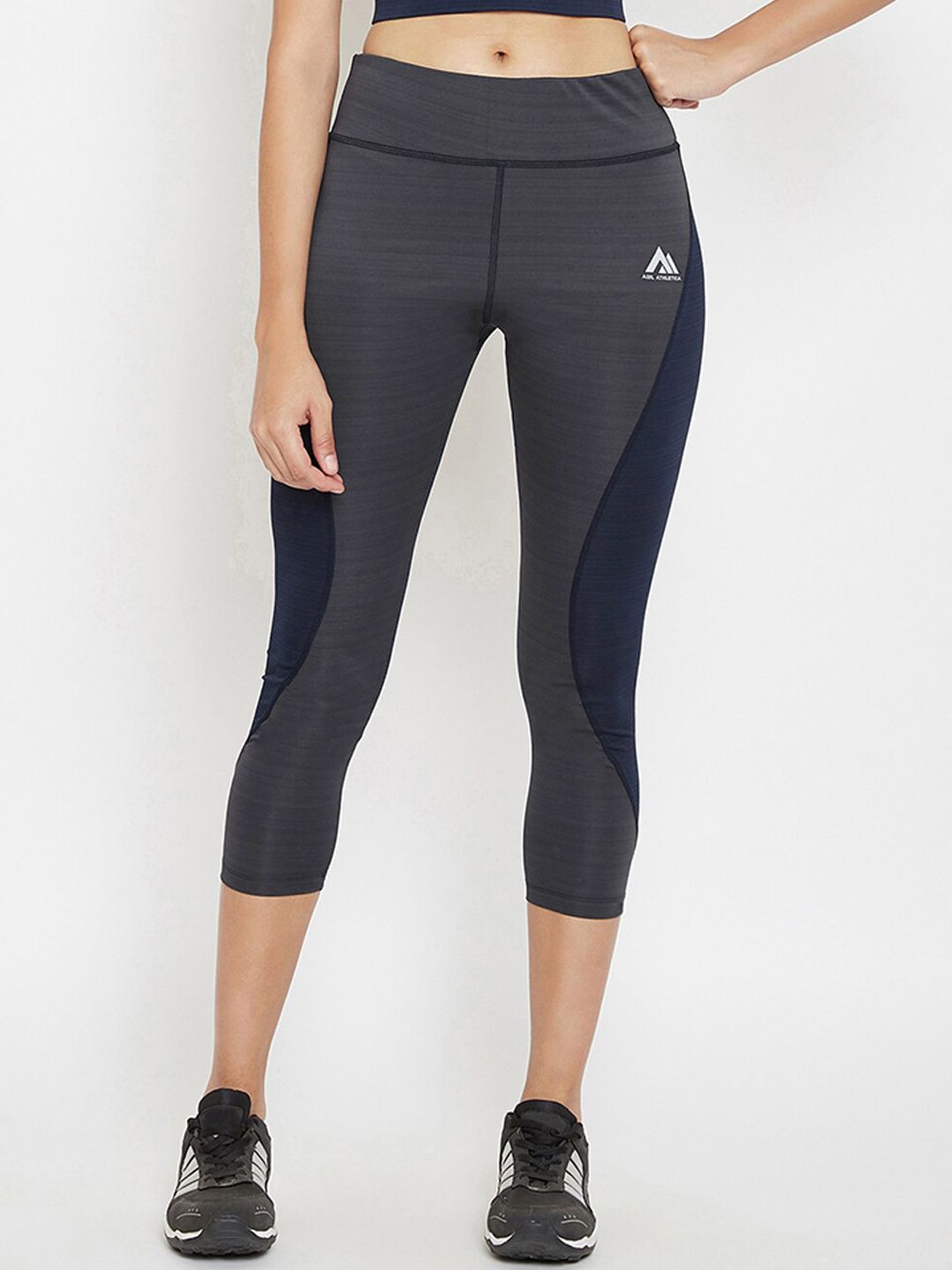 AGIL ATHLETICA Women Grey & Navy Blue Colourblocked SuperCool Tights Price in India