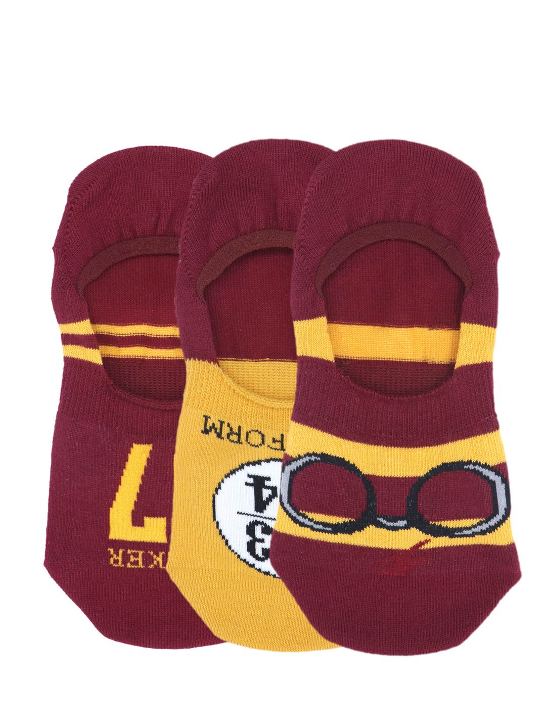 Balenzia x Harry Potter Women Pack Of 3 Maroon & Yellow Potter 07 Lightning Bolt & Glasses Platform 9 3/4 Shoe Liners