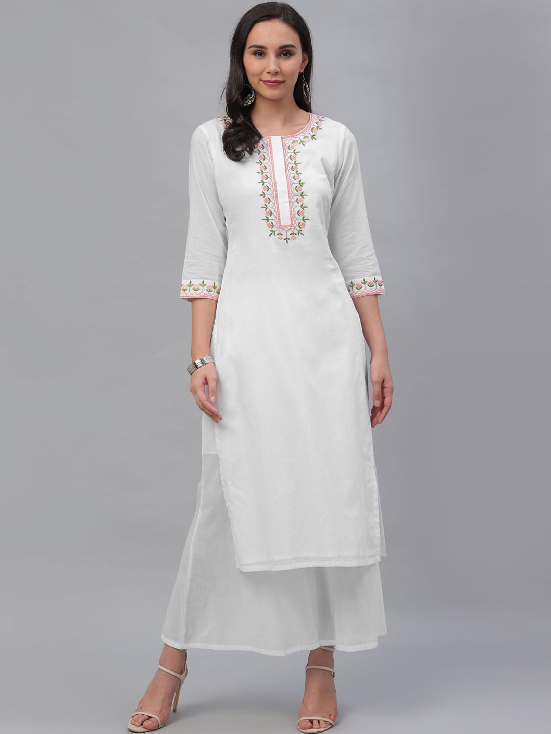 GERUA Women White Yoke Design Panelled Pure Cotton Kurta with Sharara