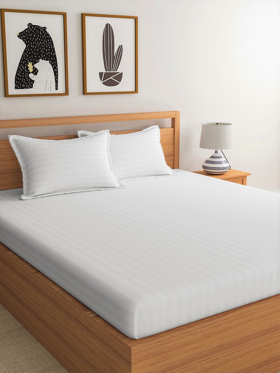 URBAN SPACE White Striped 300 TC Cotton 1 King Bedsheet with 2 Pillow Covers Price in India