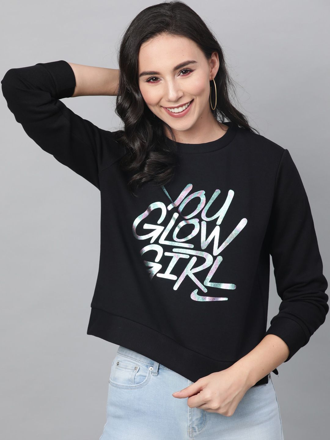 STREET 9 Women Black & White Printed Sweatshirt Price in India