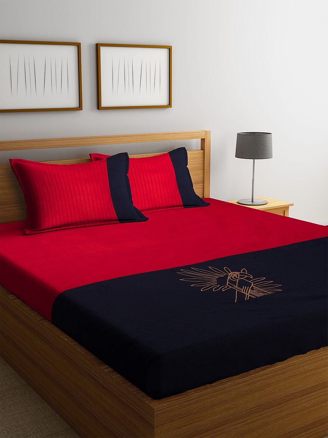 DECOREALM Red & Navy Blue Abstract 300 TC Cotton 1 King Bedsheet with 2 Pillow Covers Price in India