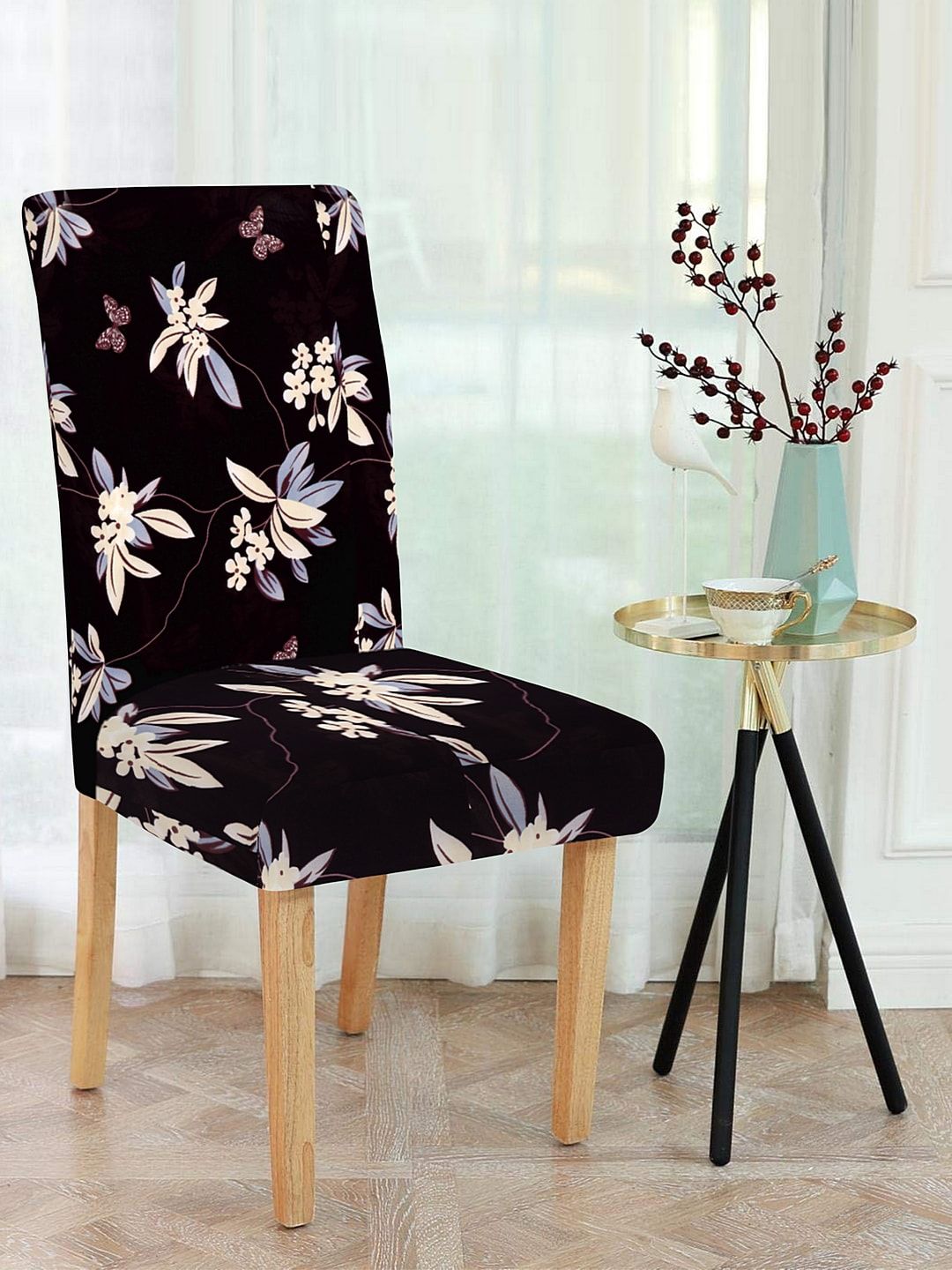 Cortina Black & Blue Floral Printed Chair Pad Price in India