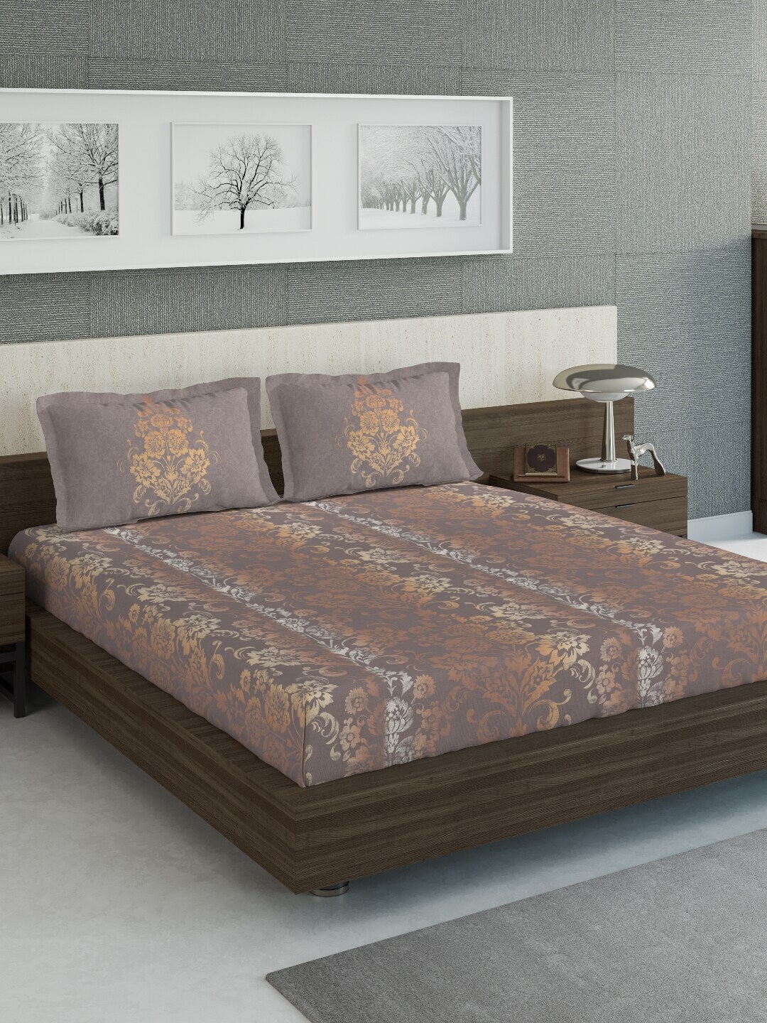 DDecor Brown & Orange Printed Double King Bed Cover With 2 Pillow Covers Price in India