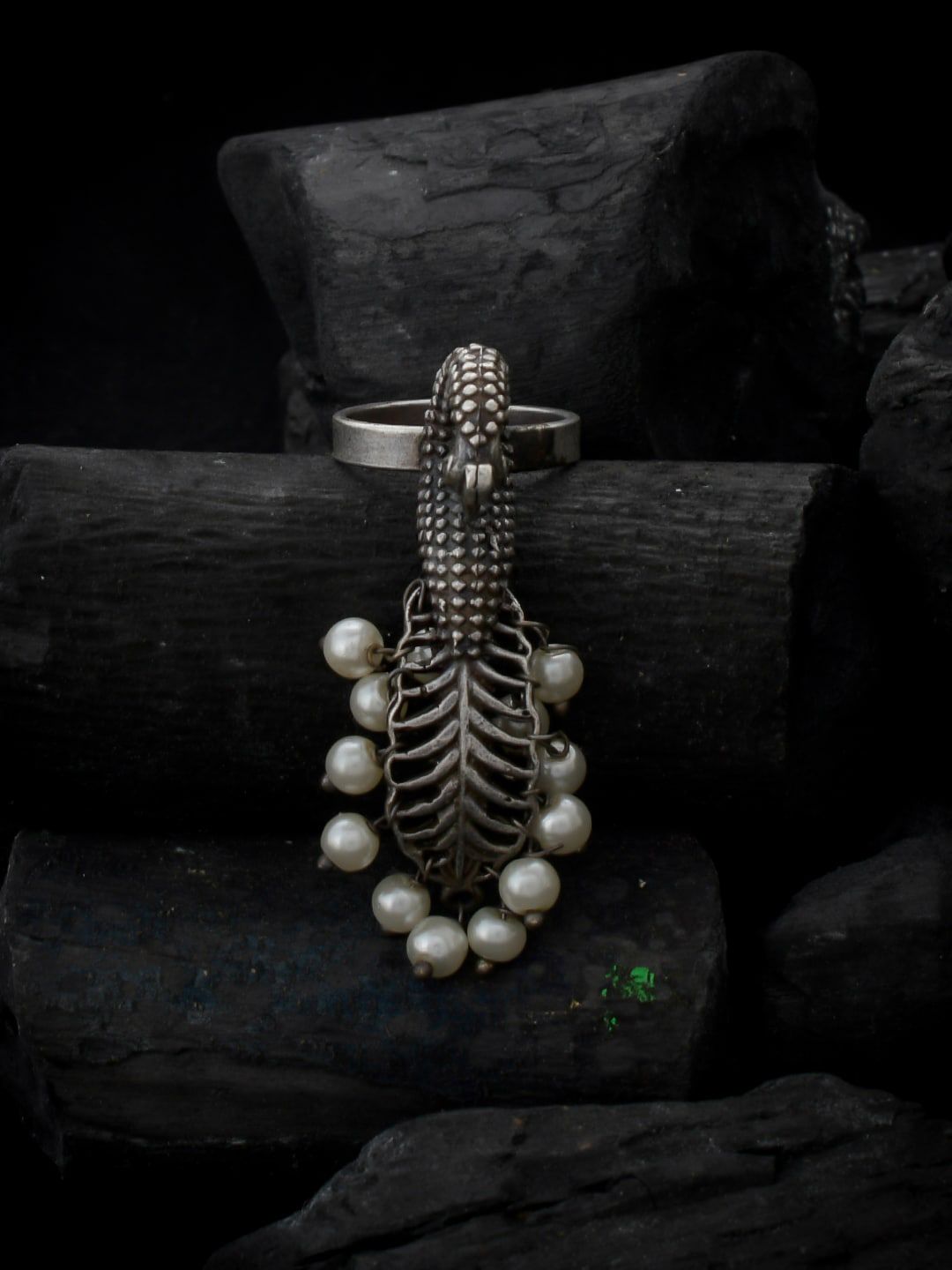 Silvermerc Designs Oxidised Silver-Plated Off-White Pearl Embellished Handcrafted Adjustable Finger Ring Price in India