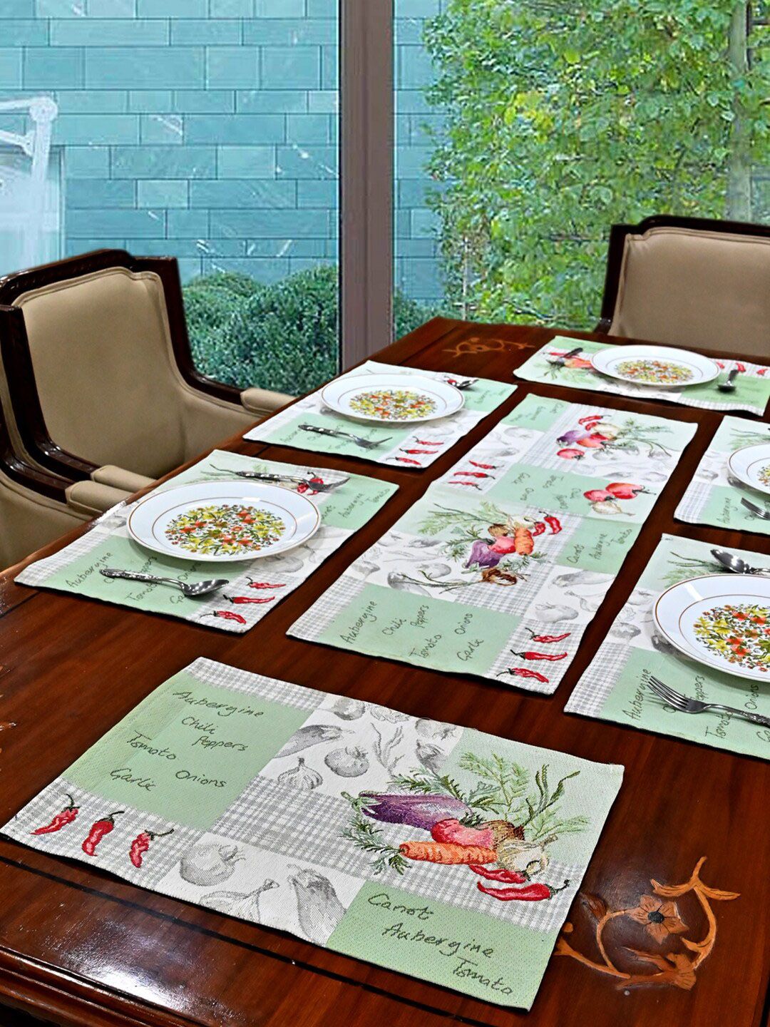 AVI Living Set Of 6 Green & Off-White Printed Table Mats Price in India
