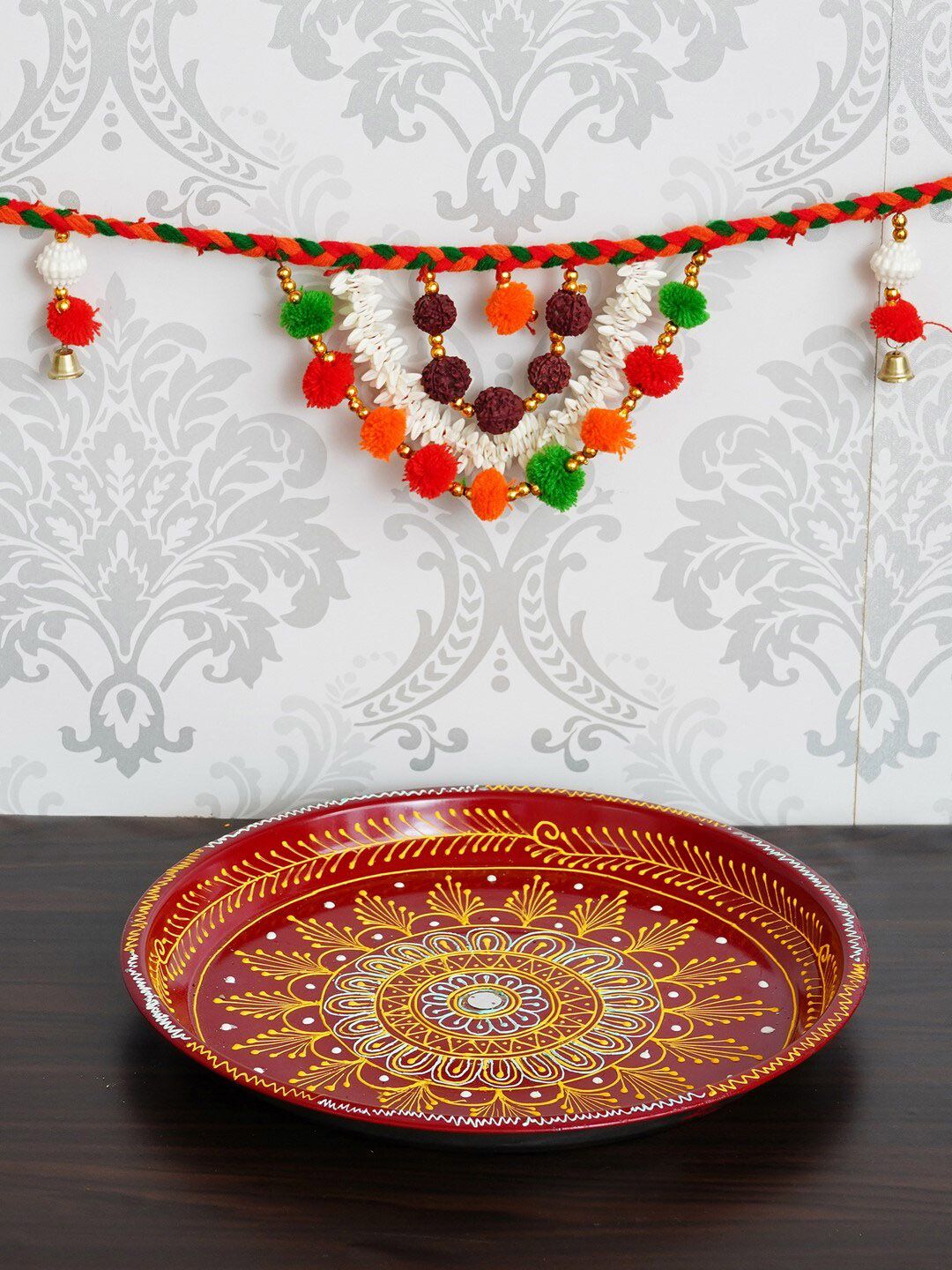eCraftIndia Red & White Handcrafted Decorative Pooja Thali with Toran Door Hanging Price in India