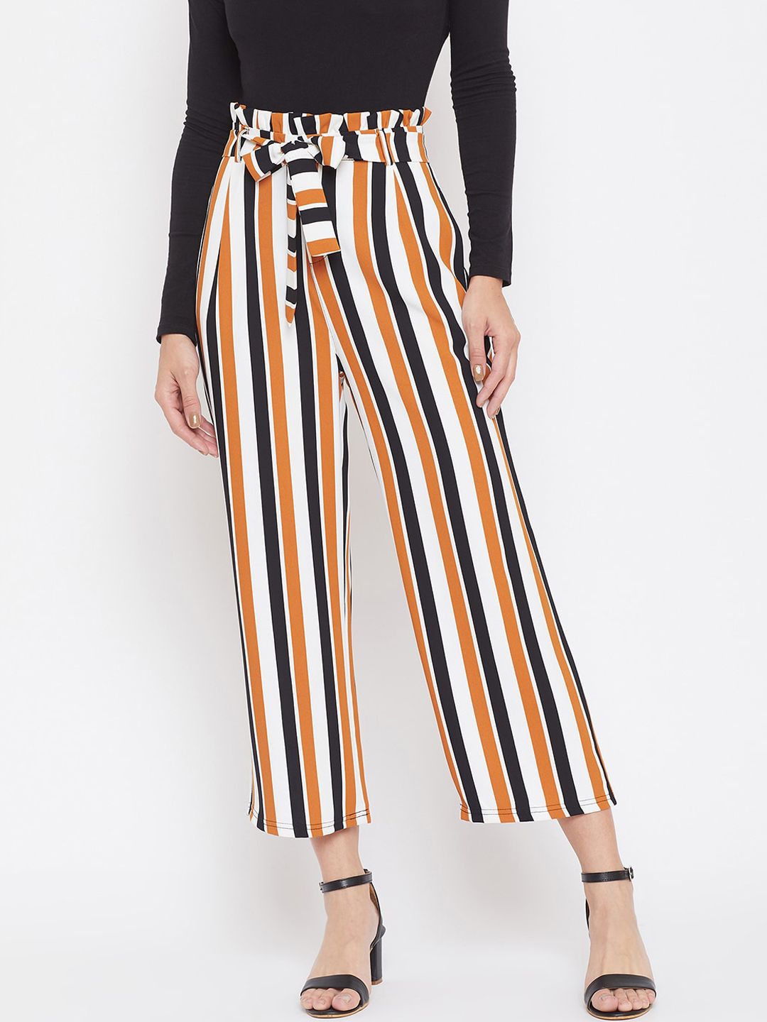 Crimsoune Club Women Yellow & White Relaxed Regular Fit Striped Parallel Trousers