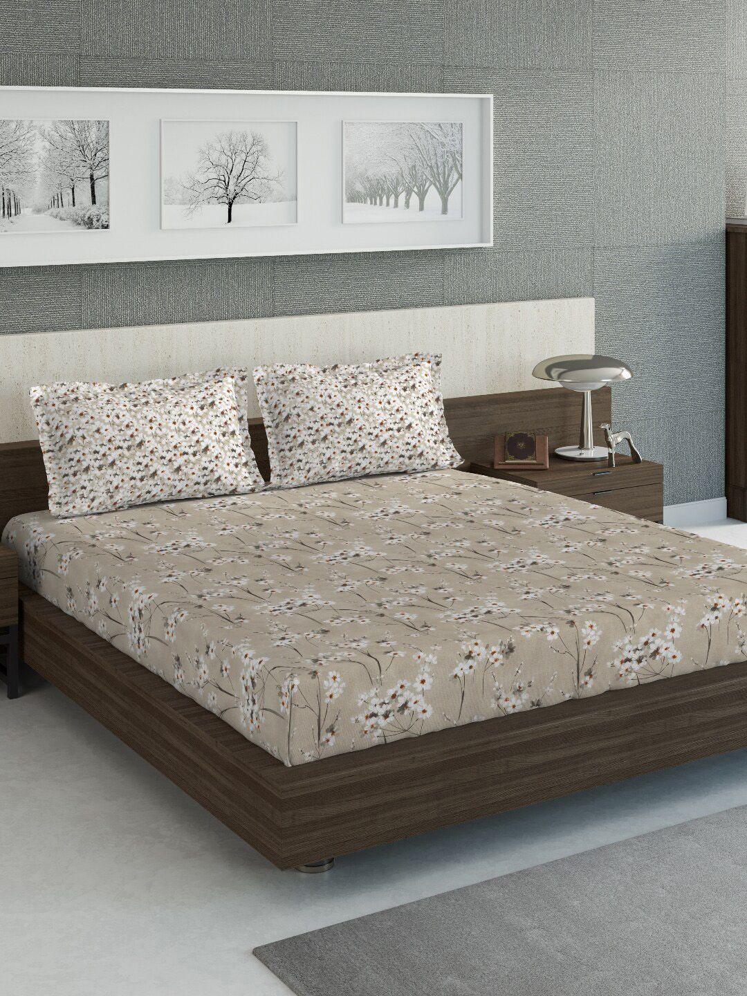 DDecor Beige & Off-White Floral Printed Double King Bed Cover With 2 Pillow Covers Price in India