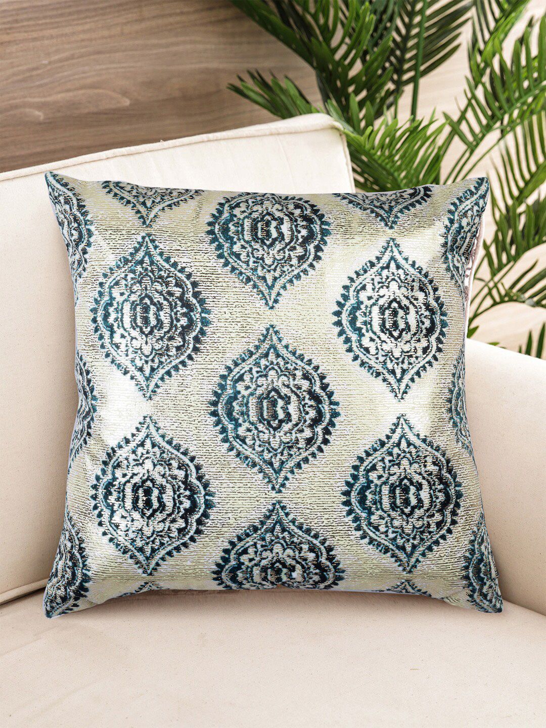 NISRAG HOME Cream-Coloured & Teal Green Single Ethnic Motifs Square Cushion Cover Price in India