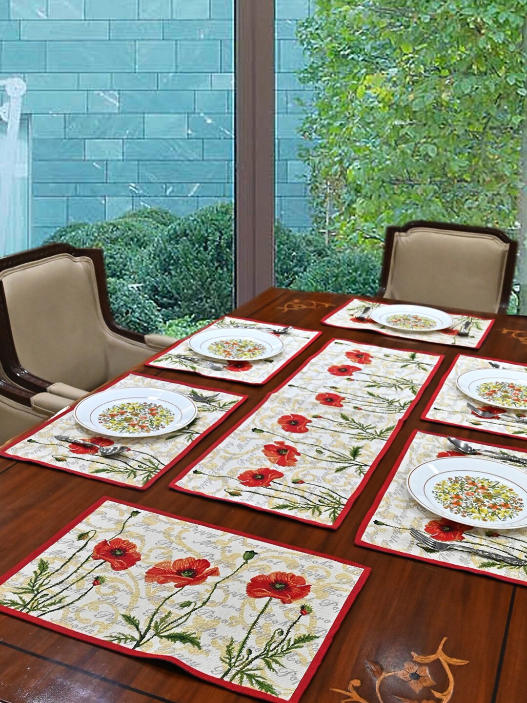 AVI Living 7 Pcs White & Red Floral Jaquard Woven Table Placemats & Runner Set Price in India