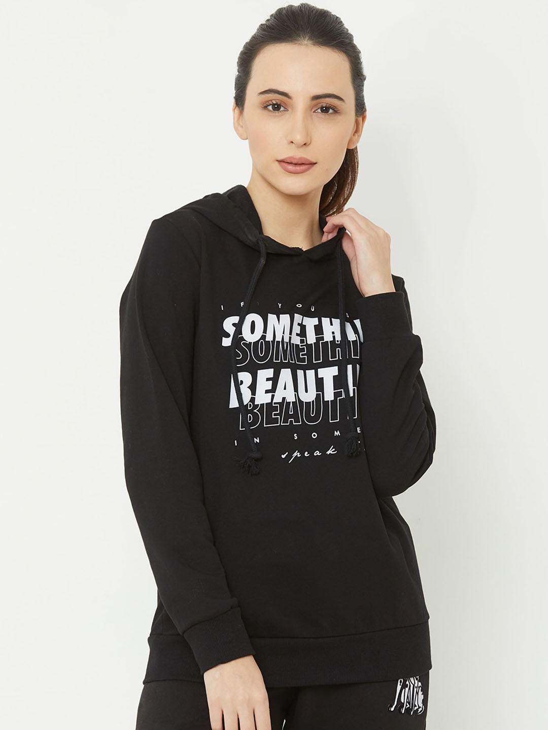Sweet Dreams Women Black Printed Hooded Sweatshirt Price in India