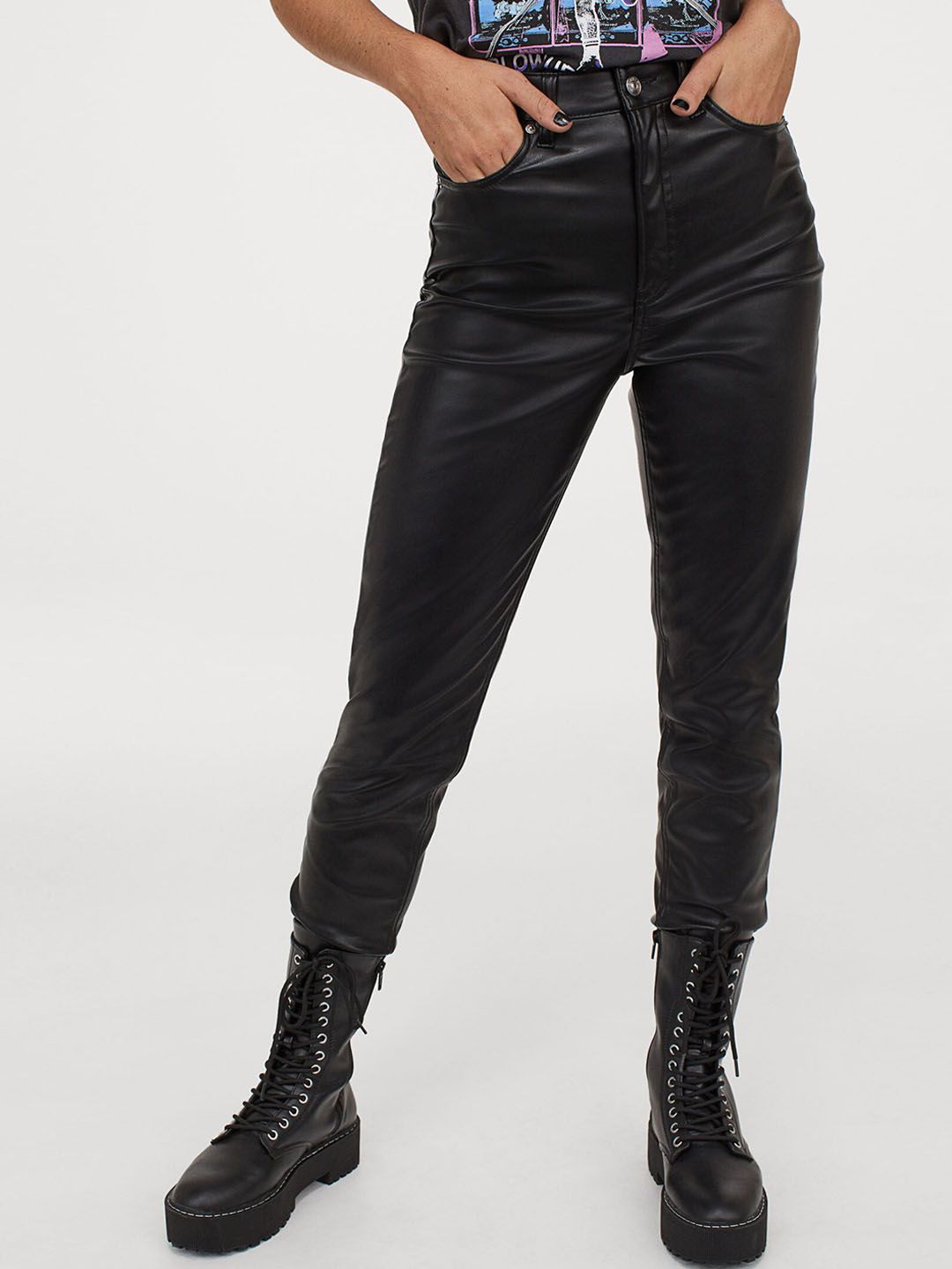 H&M Women Black Imitation Leather Trousers