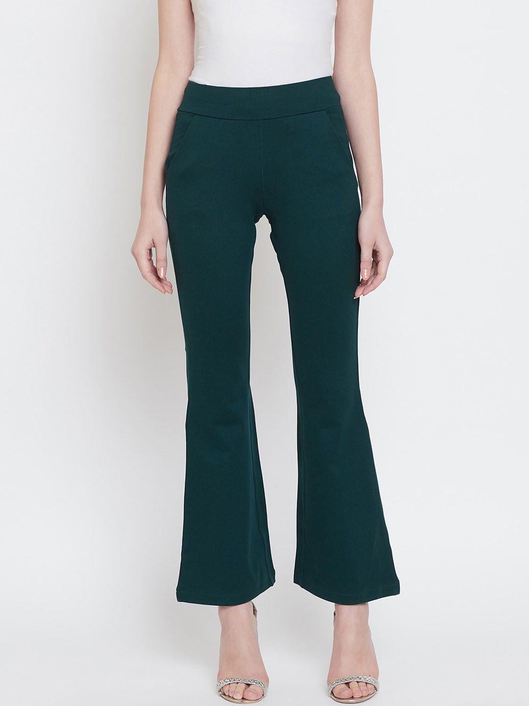 Castle Women Green Smart Slim Fit Solid Bootcut Trousers