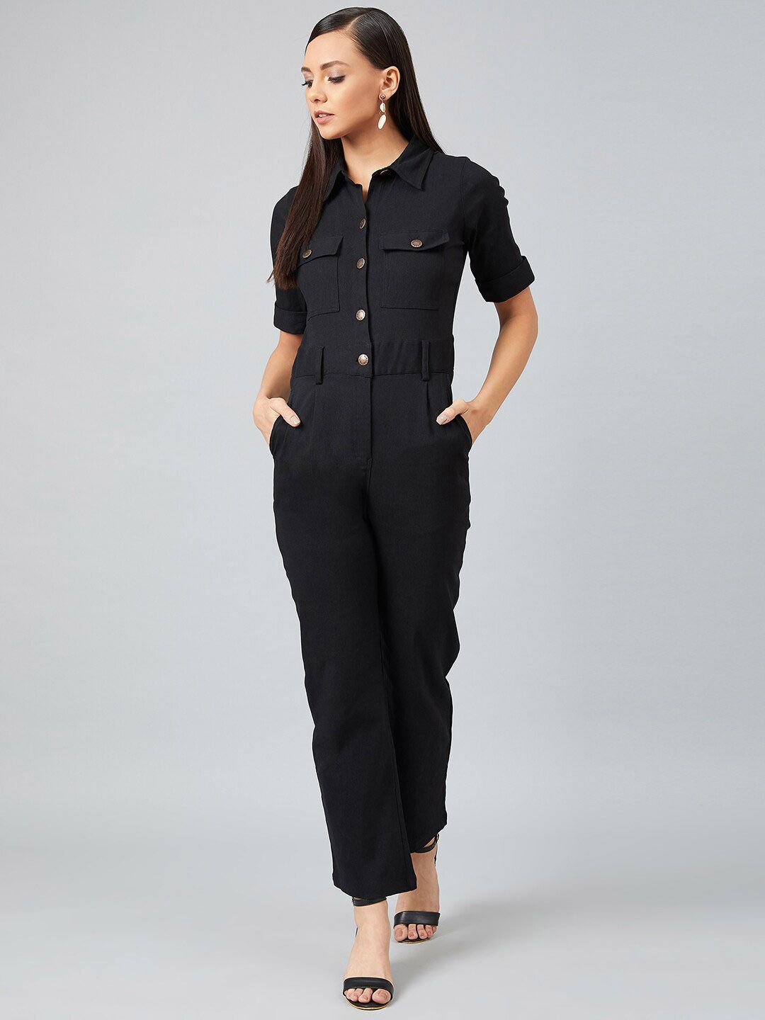 Athena Women Black Solid Basic Jumpsuit Price in India