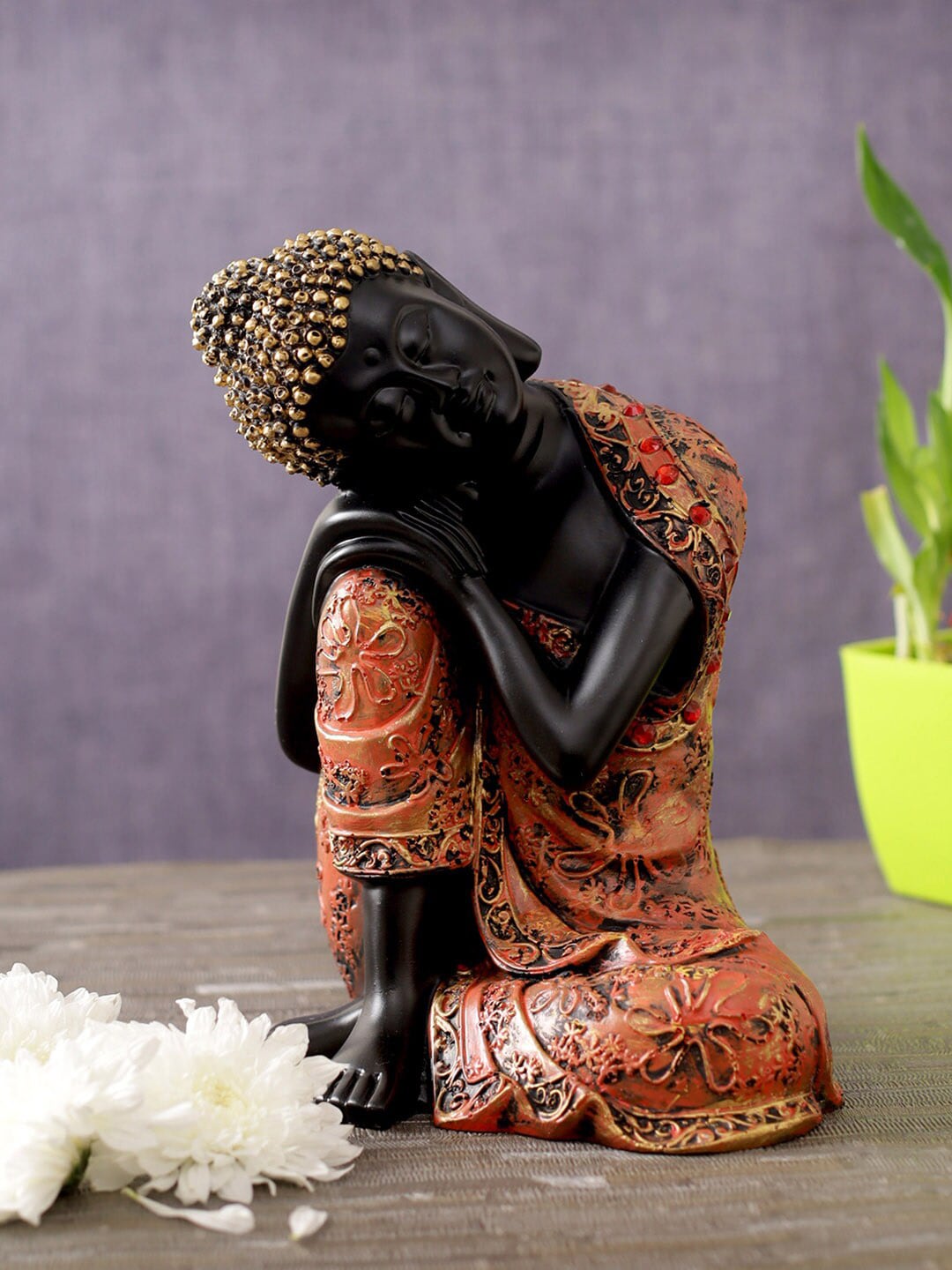 TIED RIBBONS Set of 1 Black & Orange Polyresin Buddha Showpiece Price in India