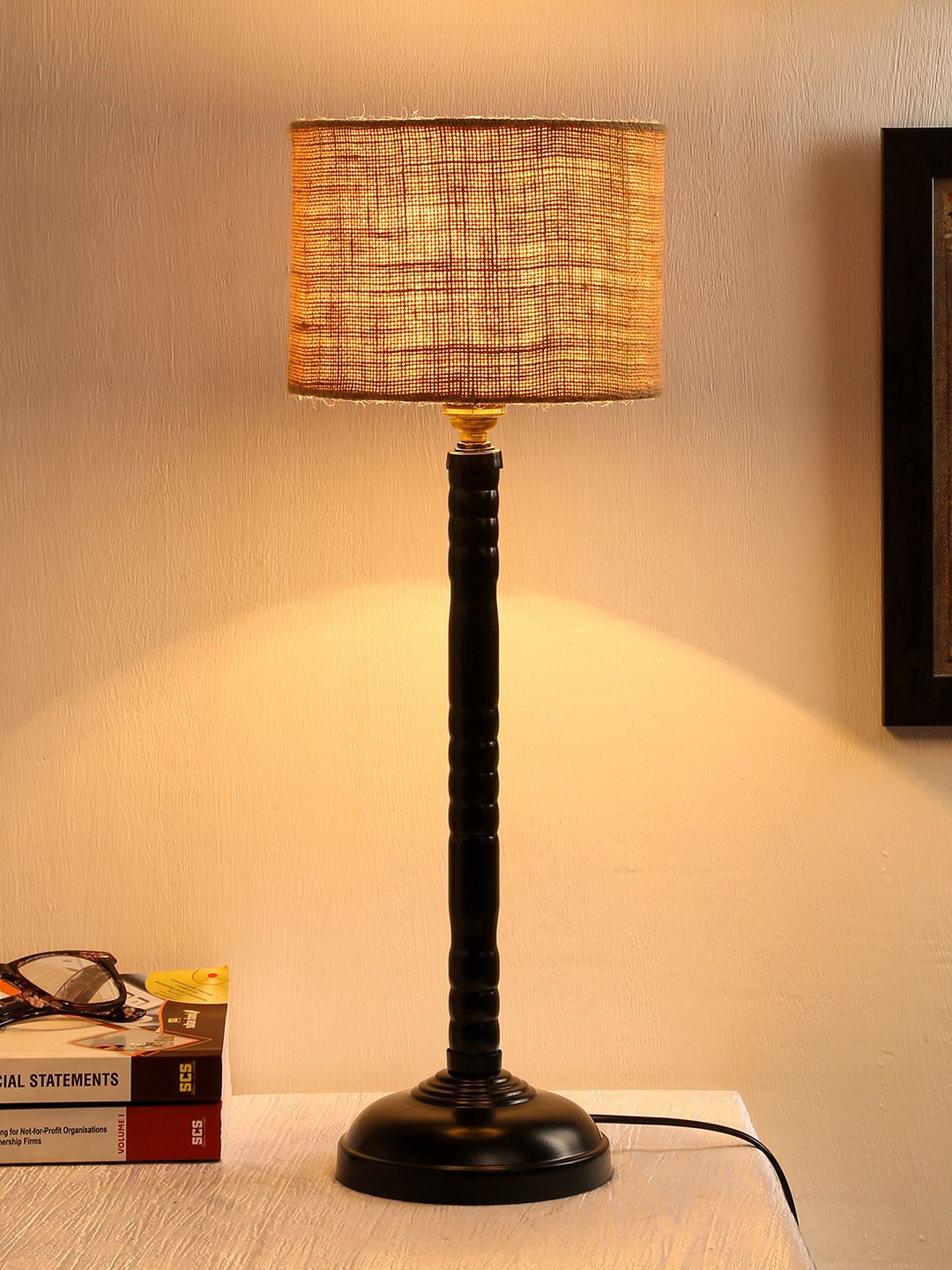 Devansh Beige Textured Traditional Table Lamp With Jute Shade Price in India