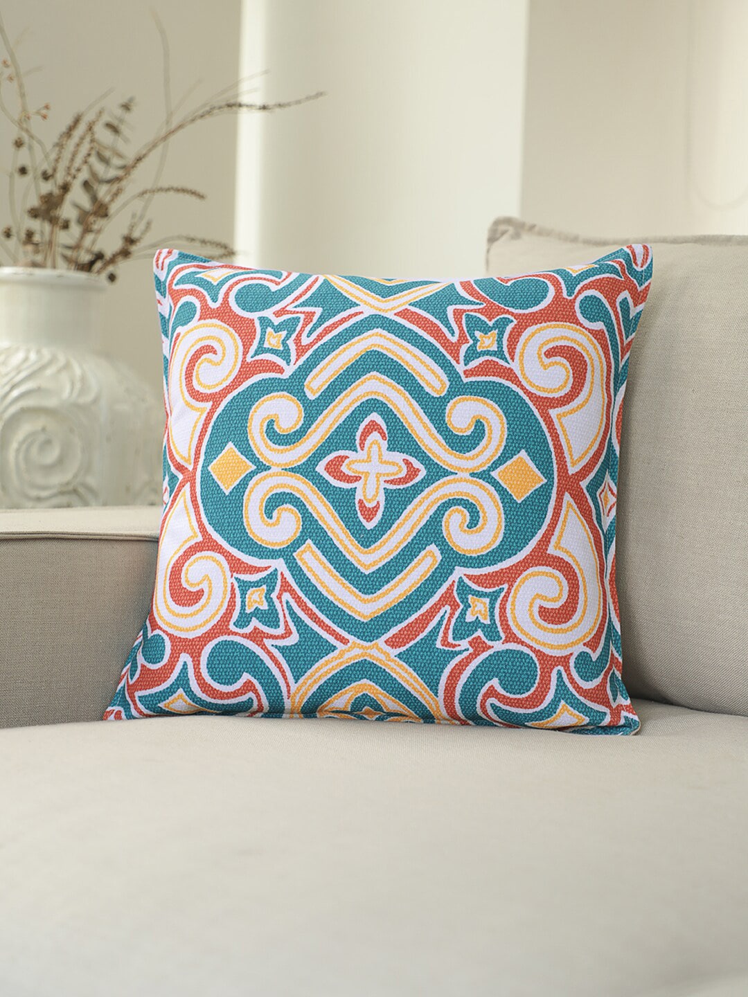 BLUE BOAT Blue & Yellow Single Ethnic Motifs Square Cushion Cover Price in India