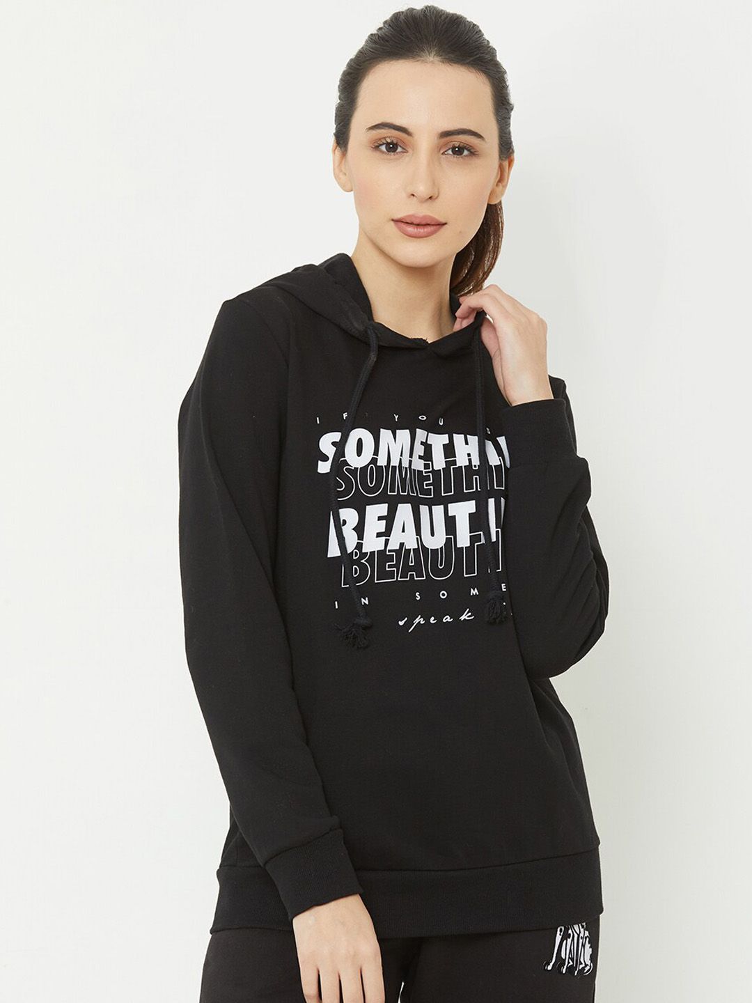 Sweet Dreams Women Black Printed Hooded Sweatshirt Price in India