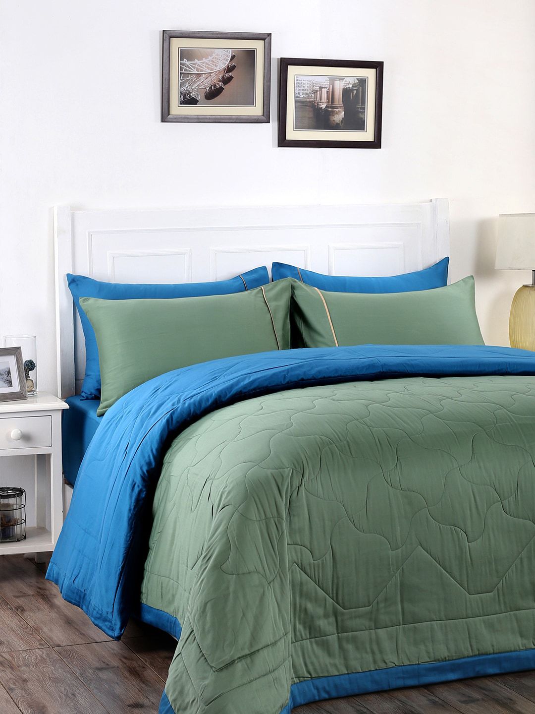 MASPAR Green & Blue Solid Vincent 120 GSM Reversible Quilt 4-Piece Bedding Set Price in India
