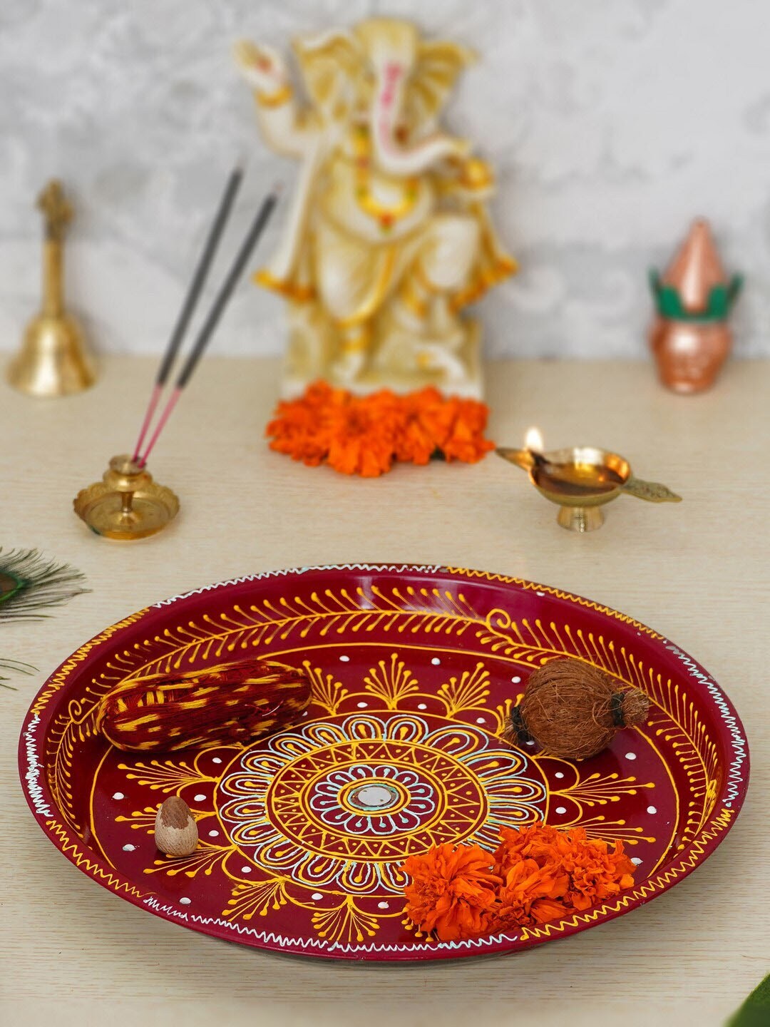 eCraftIndia Red & Yellow Handcrafted Decorative Pooja Thali Price in India