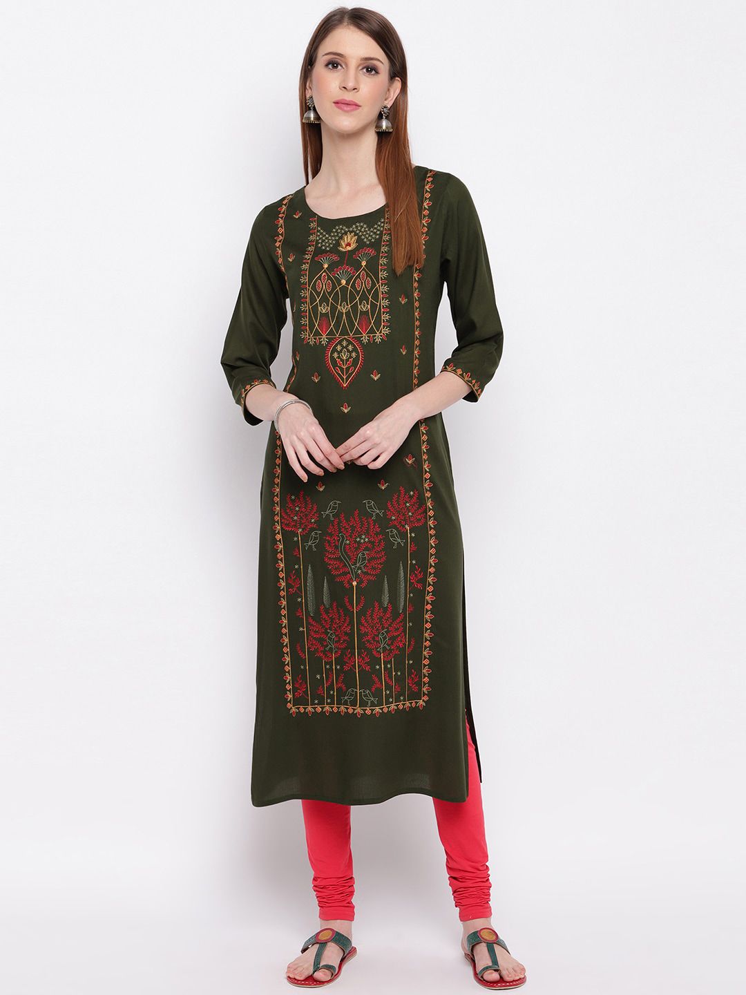 Vbuyz Women Olive Green & Red Embroidered Straight Kurta