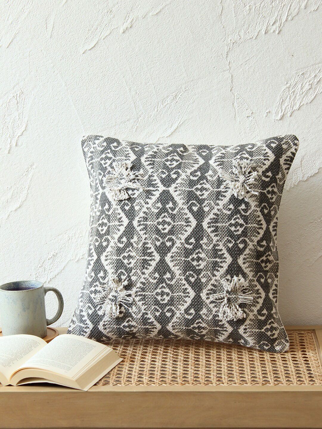 House This Grey & Off-White Set of Single Floral Square Cushion Covers Price in India