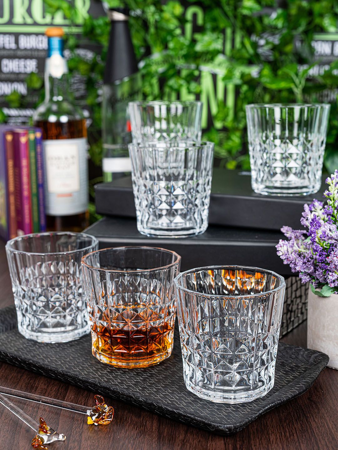 GOODHOMES Set Of 6 Transparent Textured Glass Whisky Tumbler Price in India