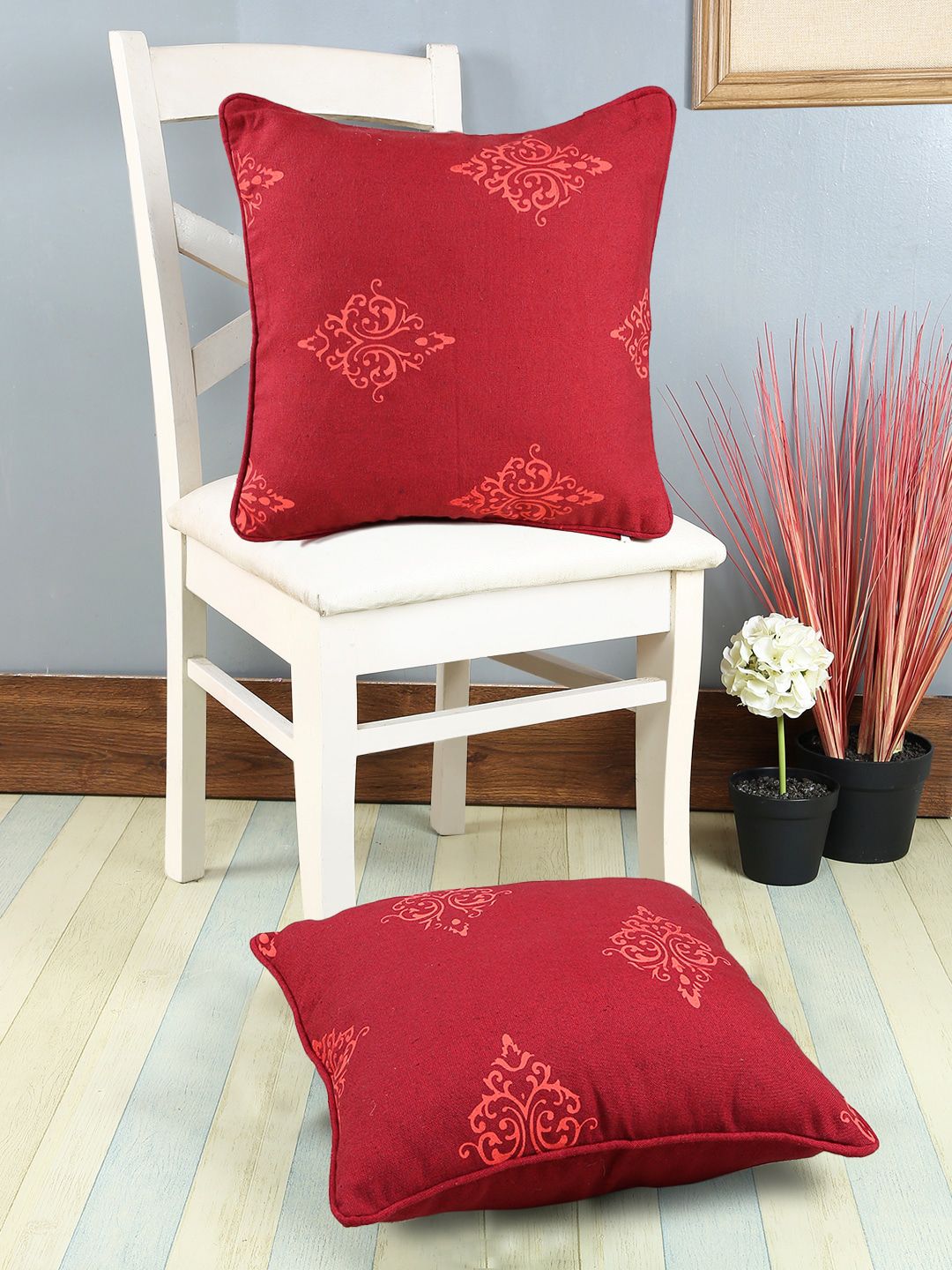 Soumya Maroon Set of 2 Ethnic Motifs Square Cushion Covers Price in India