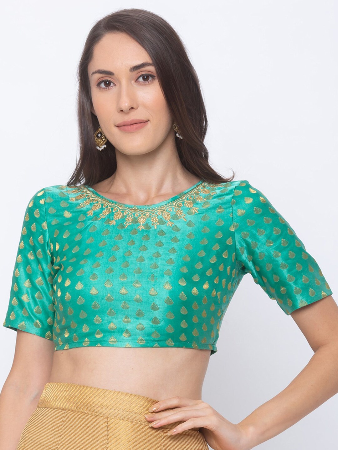Globus Women Teal Green & Gold-Colour Woven-Design Saree Blouse Price in India