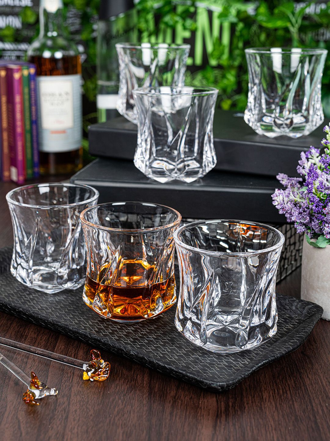 GOODHOMES Set Of 6 Transparent Textured Glass Whisky Tumblers Price in India