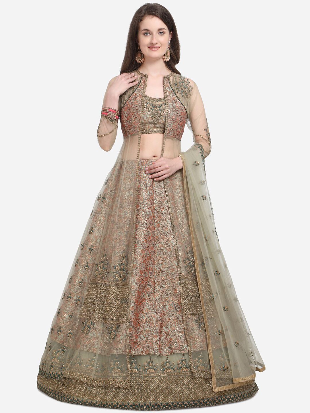 RIYA Olive Green & Rust Orange Semi-Stitched Lehenga & Blouse with Ethnic Jacket & Dupatta