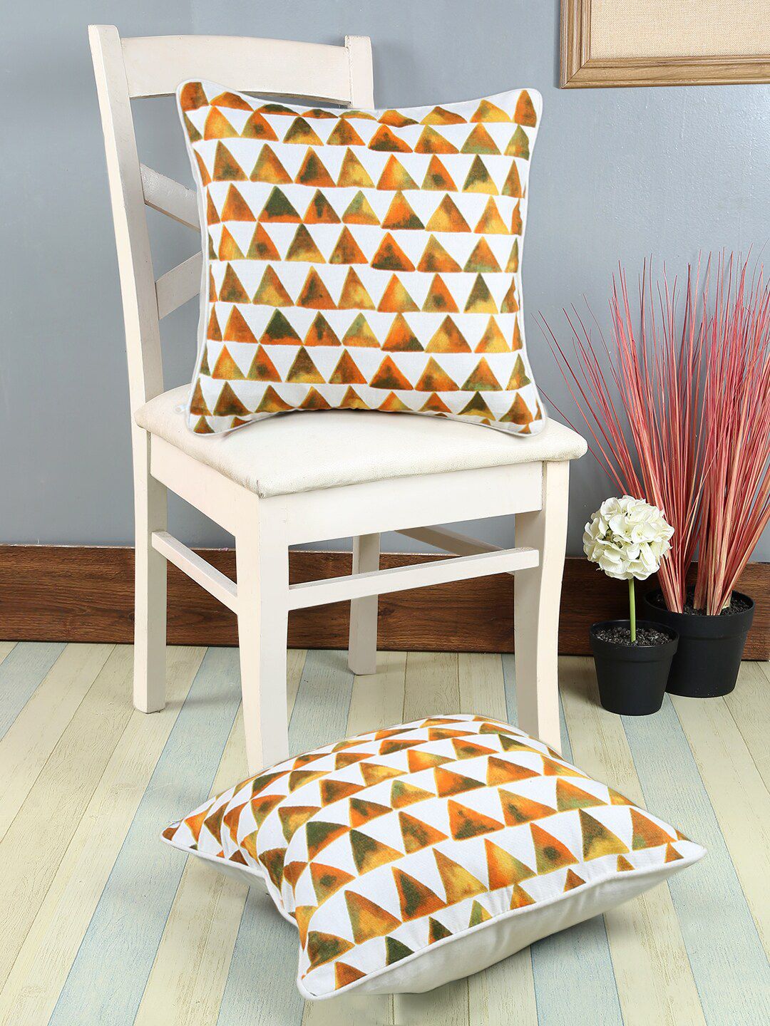 Soumya Orange Set of 2 Geometric Square Cushion Covers Price in India