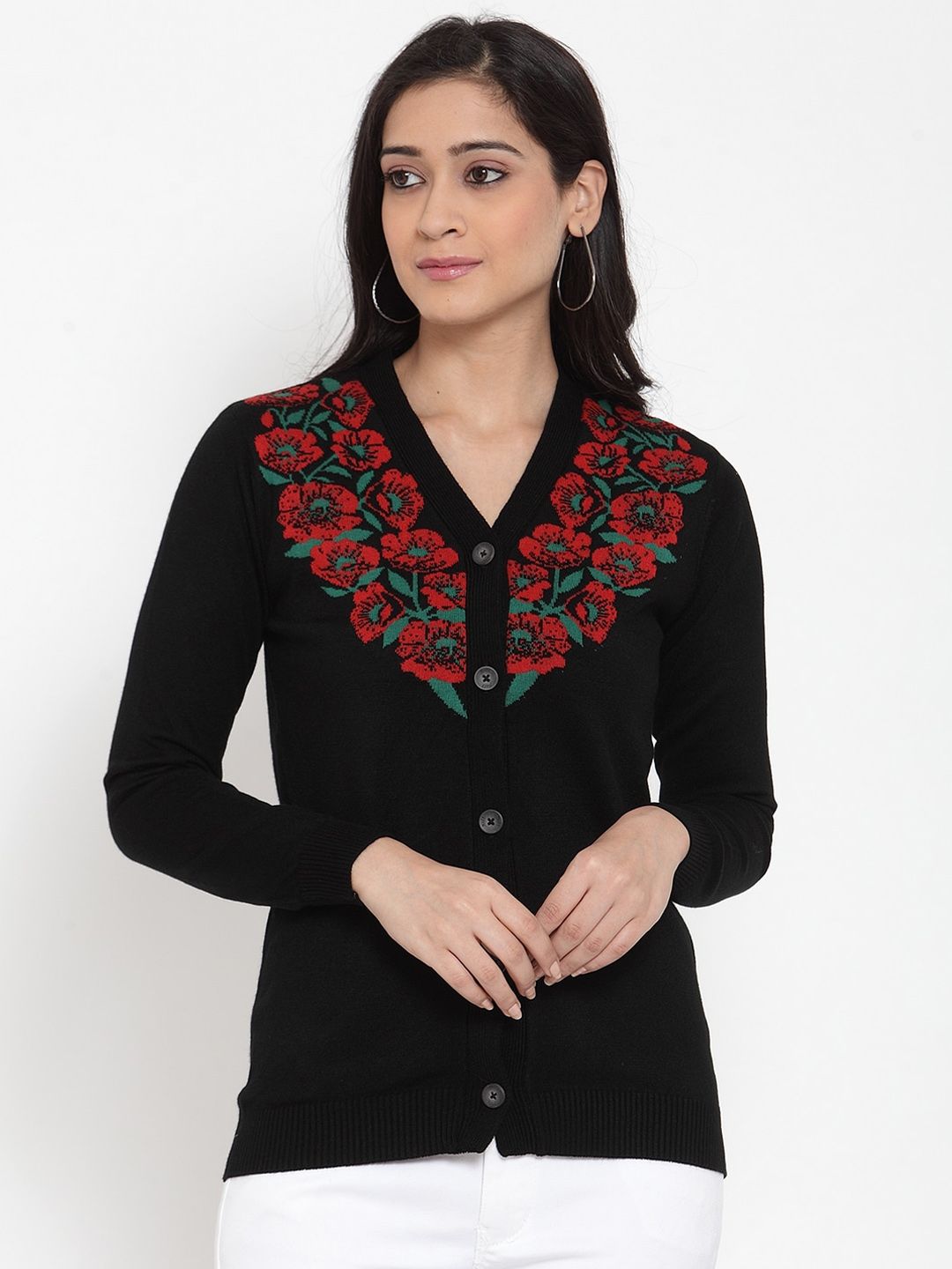 Kalt Women Black Self Design Cardigan Sweater Price in India