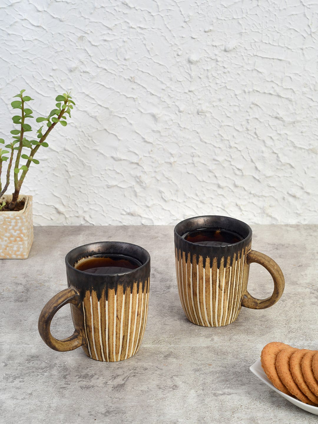 Unravel India Set of 2 Brown & Black Glazed Ceramic Coffee Mugs Price in India