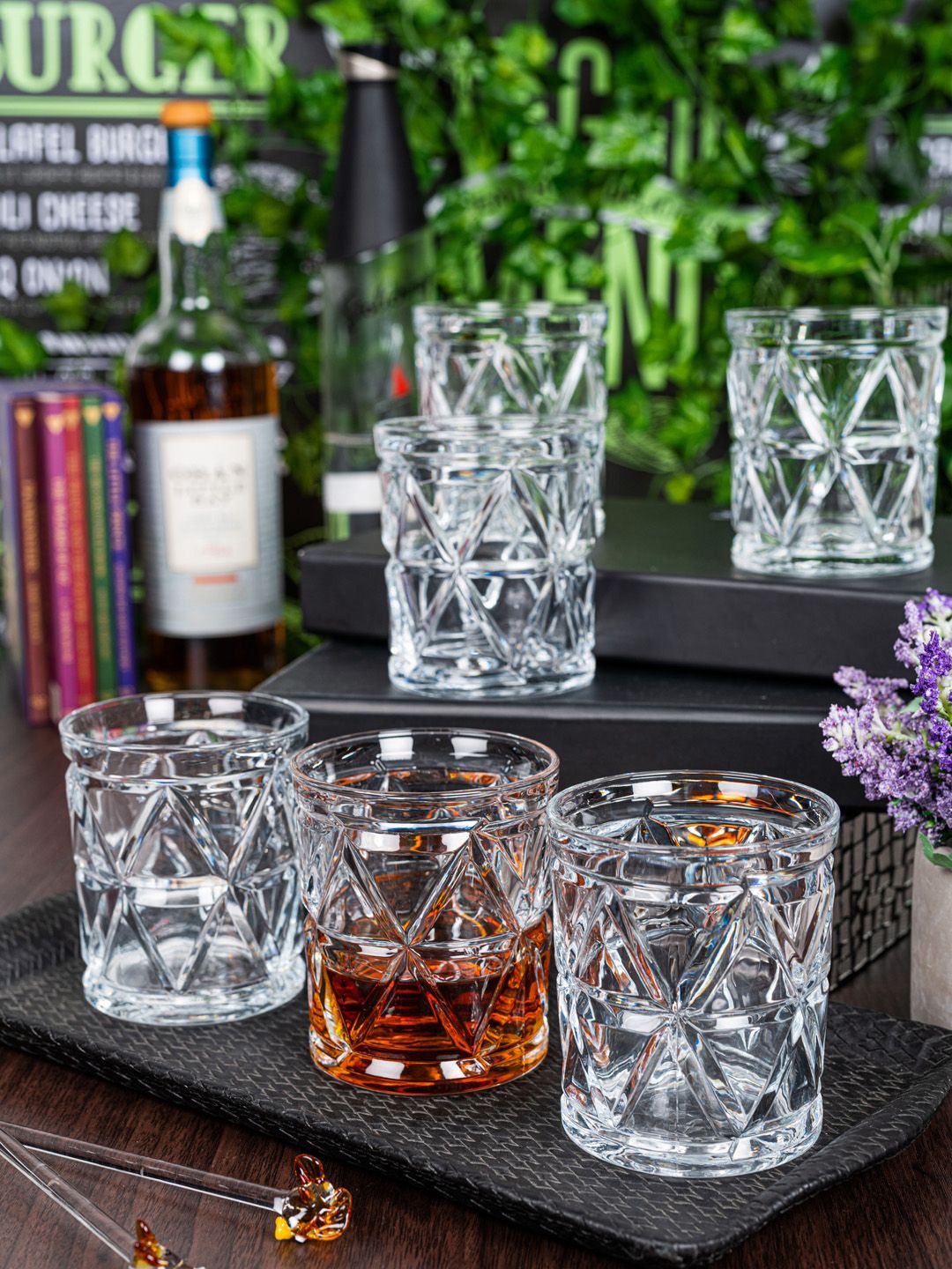 GOODHOMES Set Of 6 Transparent Textured Glass Whisky Tumblers Price in India