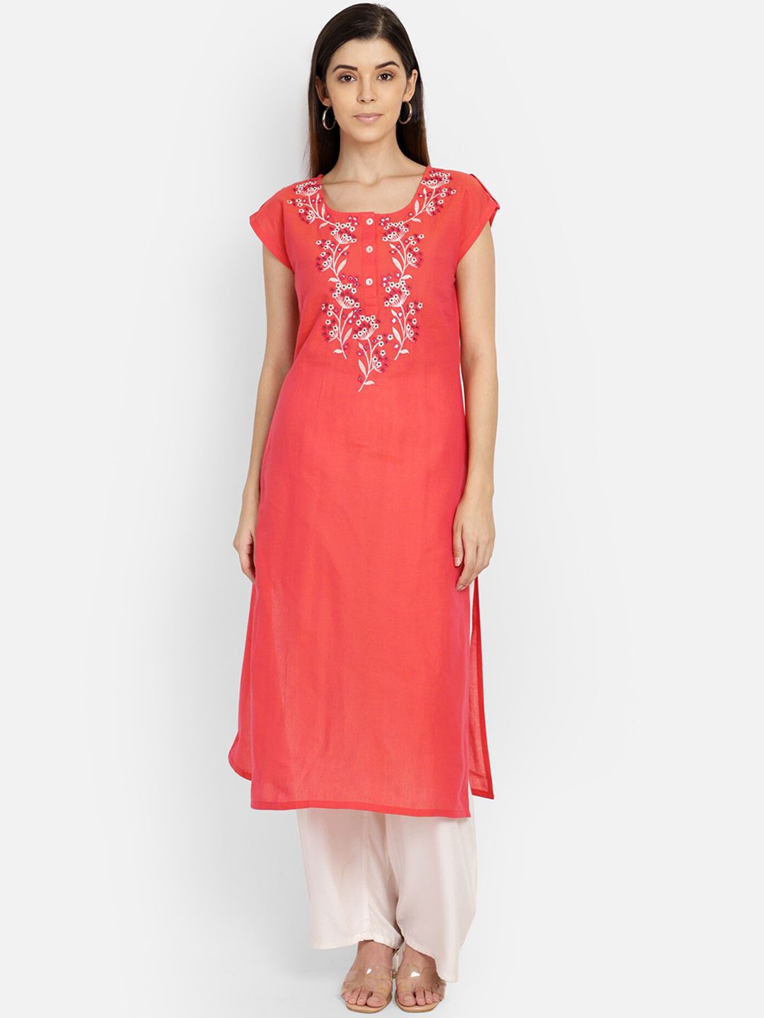 Saffron Threads Women Coral & White Solid Straight Kurta Price in India