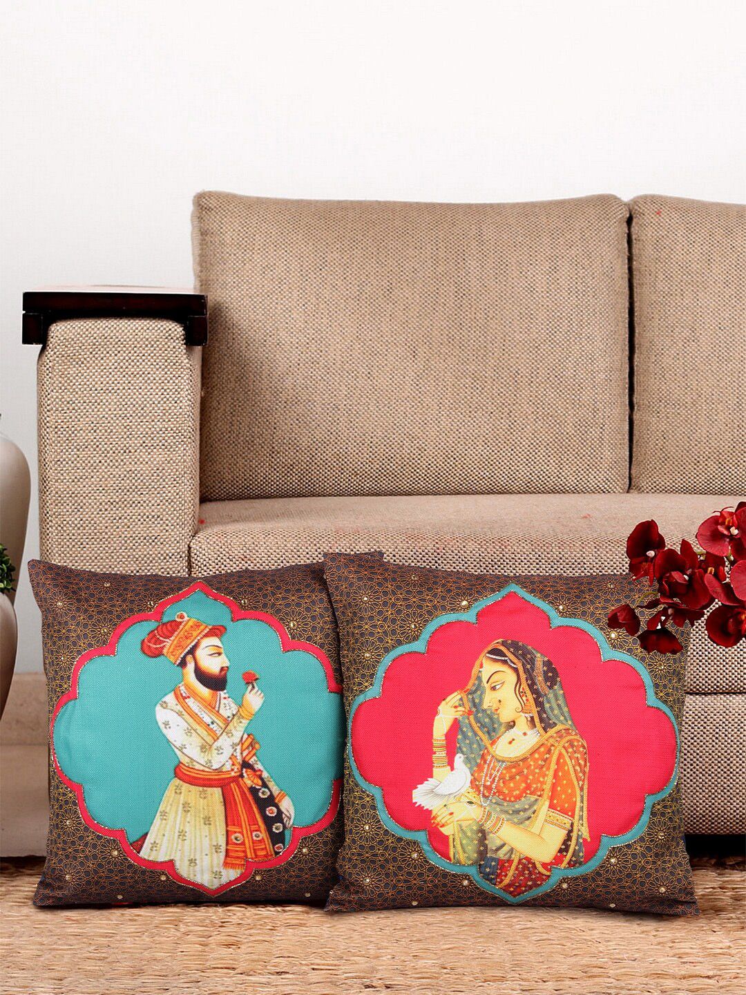 NISRAG HOME Blue & Brown Set of 2 Ethnic Motifs Square Cushion Covers Price in India