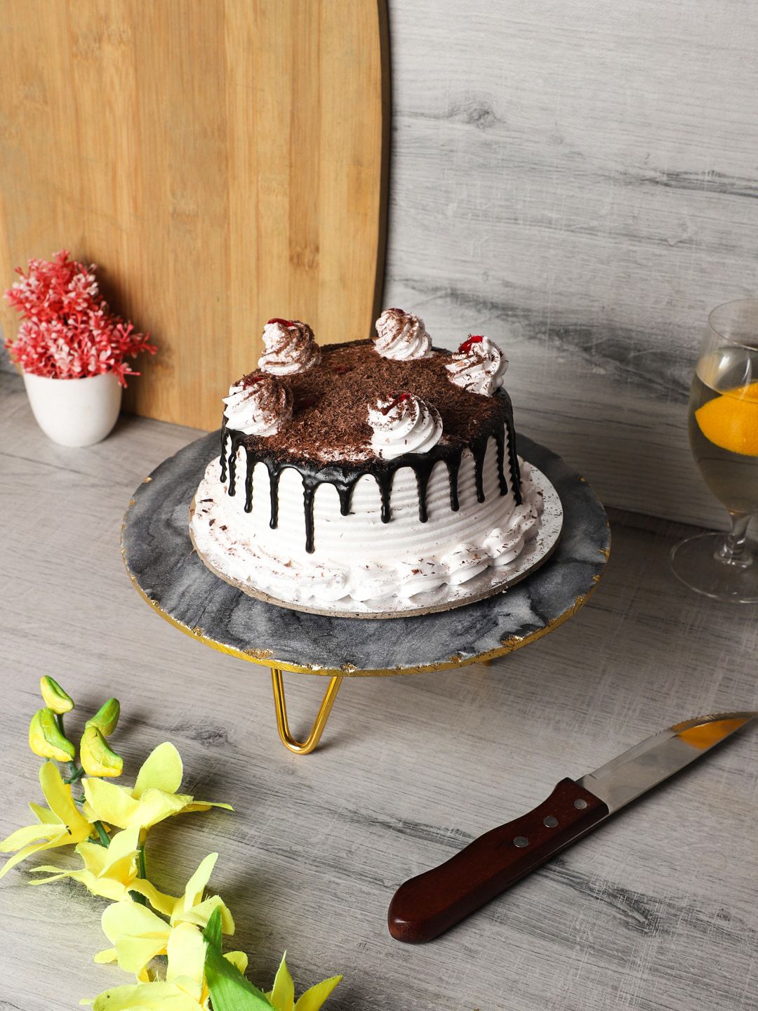 NikkisPride Black & Gold-Toned Handmade Marble Top Cake Stand Price in India