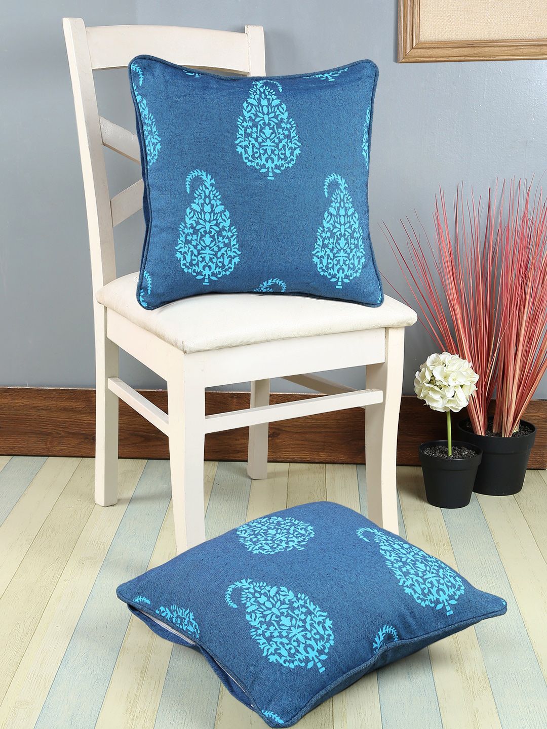 Soumya Blue Set of 2 Floral Square Cushion Covers Price in India
