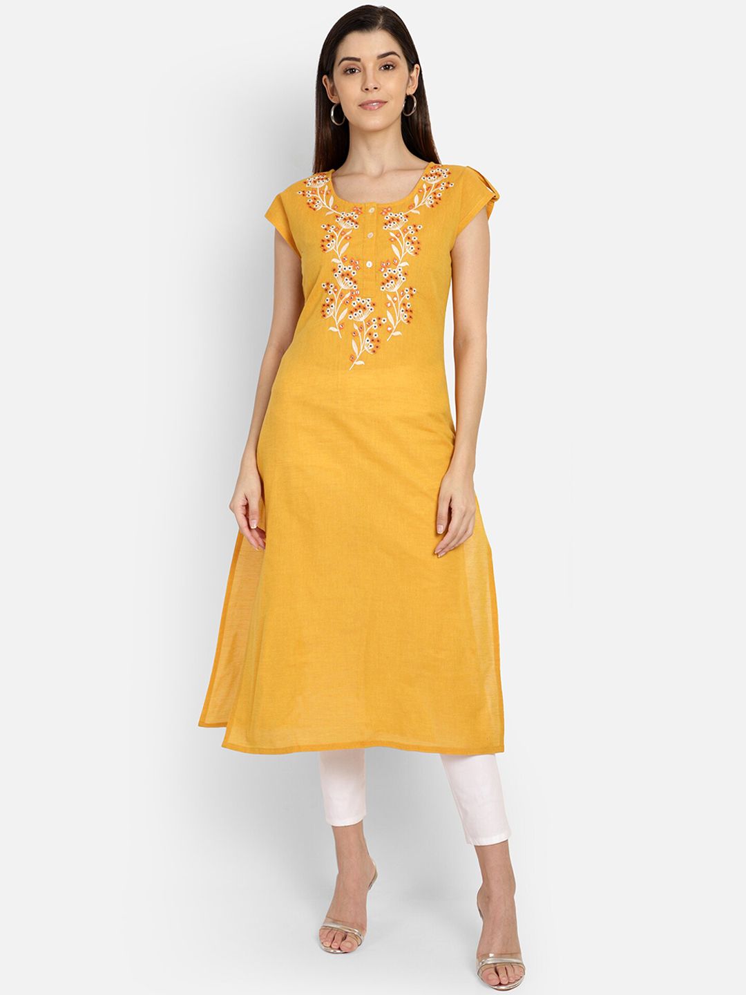 Saffron Threads Women Mustard Floral Embroidered Thread Work Kurta Price in India