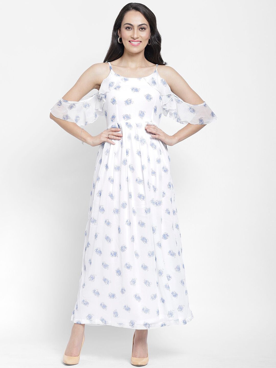 NIXX Women White & Blue Floral Print Maxi Dress