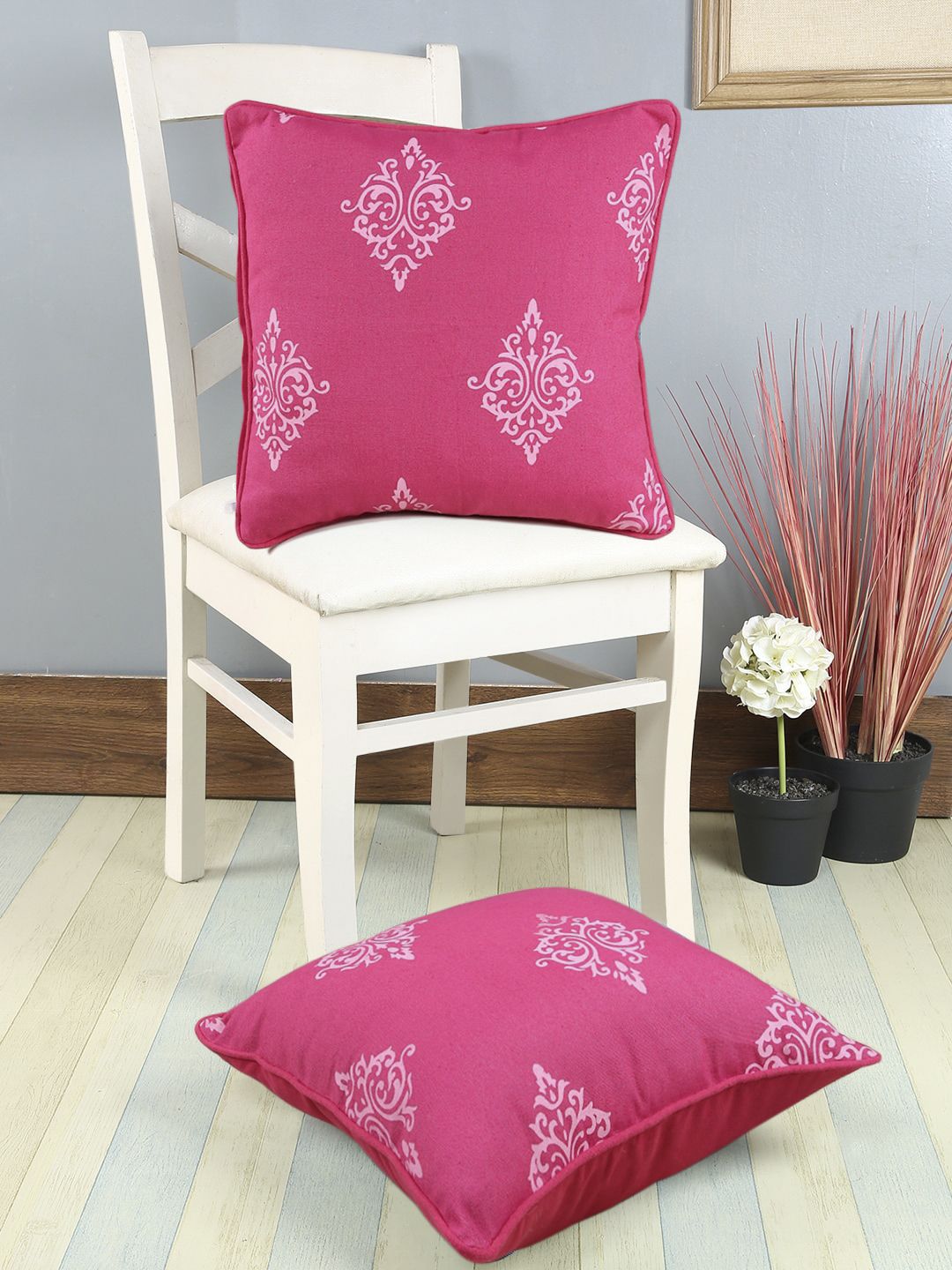 Soumya Fuchsia Pink Set of 2 Ethnic Motifs Square Cushion Covers Price in India