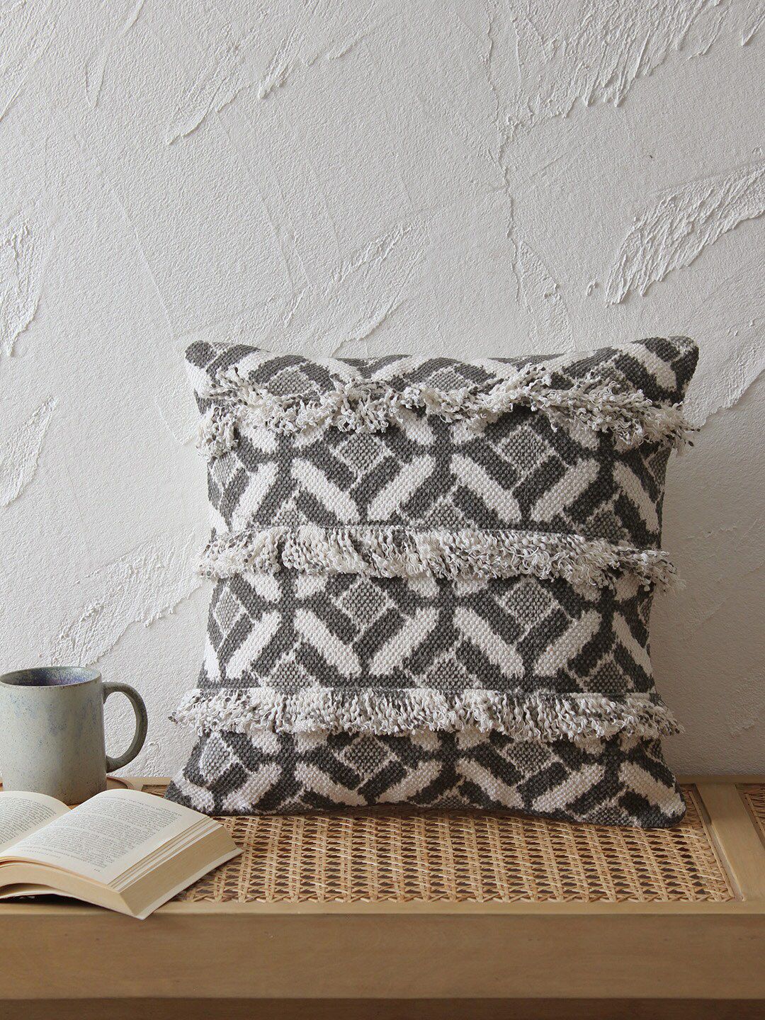 House This Grey & White Set of Single Geometric Square Cushion Covers Price in India