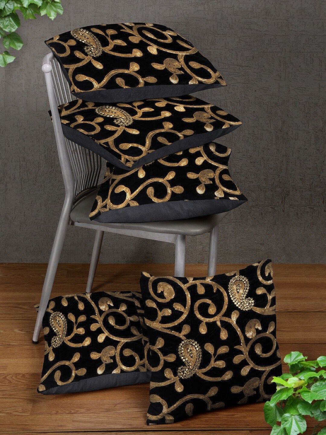 HOSTA HOMES Black & Gold-Toned Set of 5 Embellished Square Cushion Covers Price in India