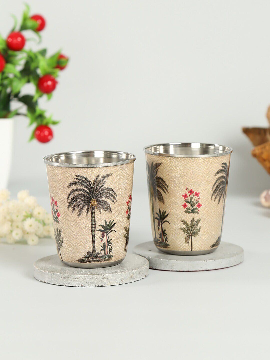 India Circus by Krsnaa Mehta Beige 2 Pieces Chevron Palms Small Steel Tumblers Price in India