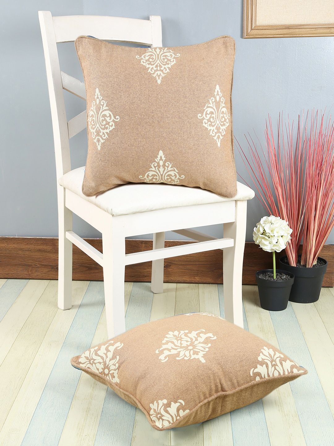 Soumya Beige & Off-White Set of 2 Ethnic Motifs Square Cushion Covers Price in India