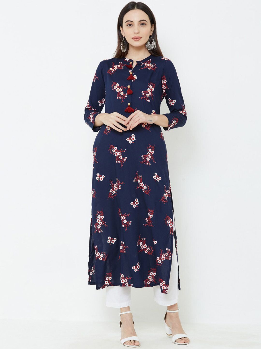 FASHOR Women Navy Blue Floral Printed A-Line Kurta